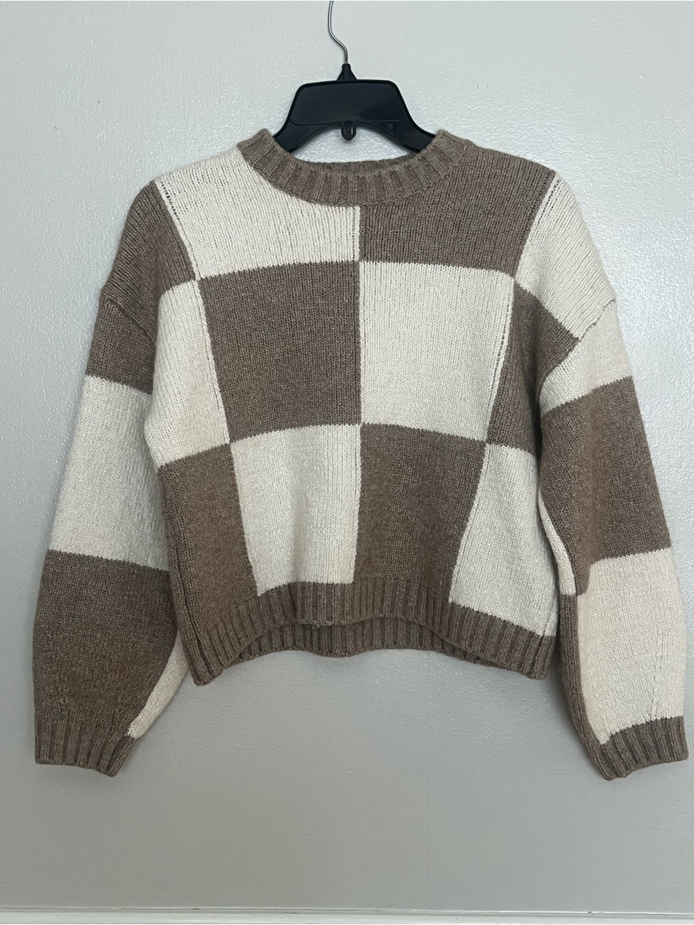 Splendid Checkerboard Knit Crewneck Sweater in Cream and Brown